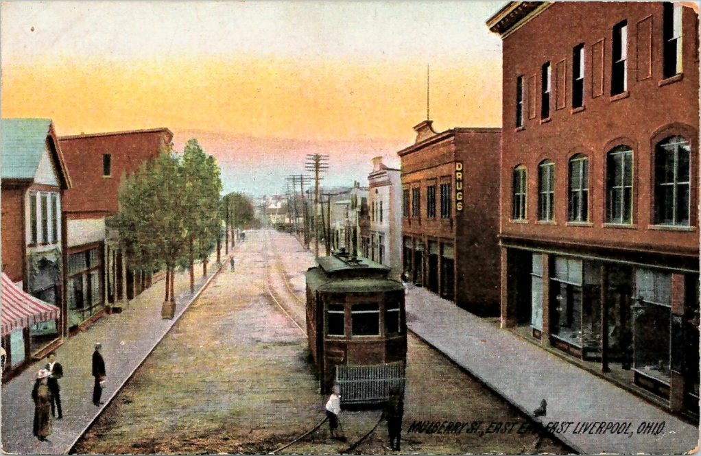 Historical postcard looking along Mulberry Street in East Liverpool, mailed in 1910
